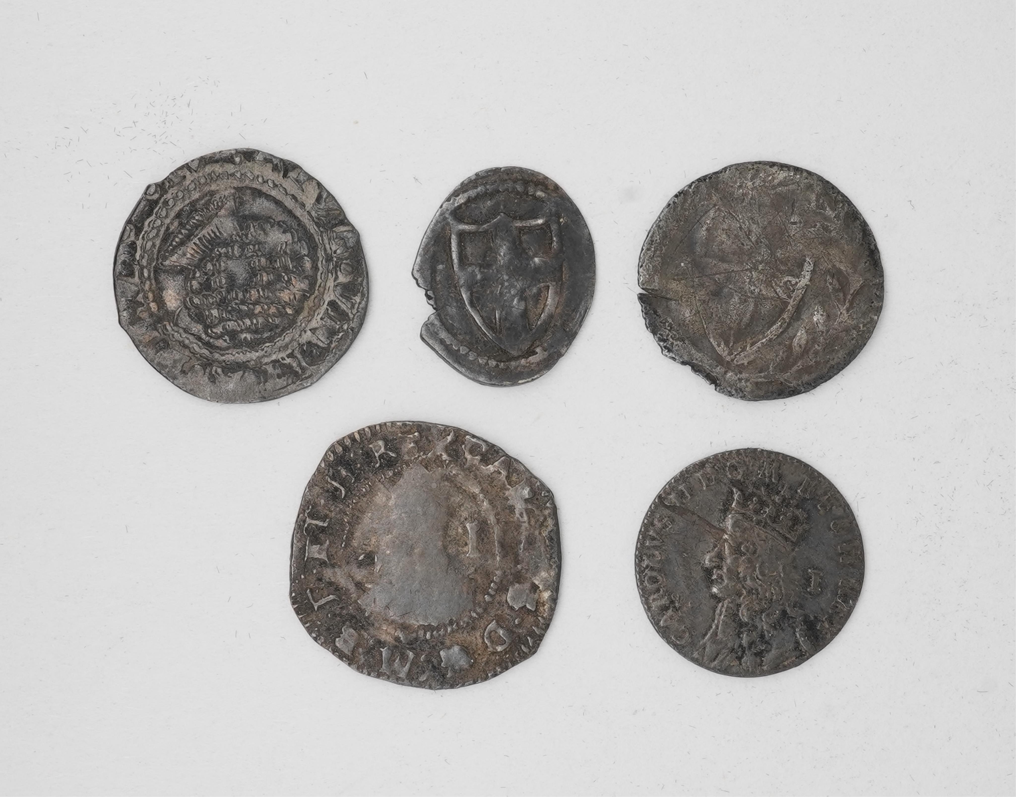 British hammered silver coins, Stuart and Commonwealth period;, James I (1603-25), penny, Commonwealth (1649-60), silver halfpenny, silver penny, Charles I (1625-49), silver penny, Charles II (1660-85), silver penny, (5)